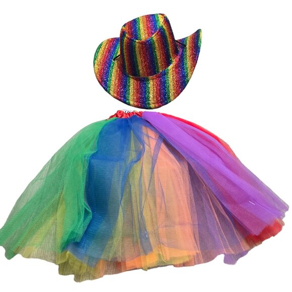 Rainbow sparkle glitter Cowboy Hat & Tutu Set pride LGBTQIA+ rainbow halloween - Picture 3 of 9